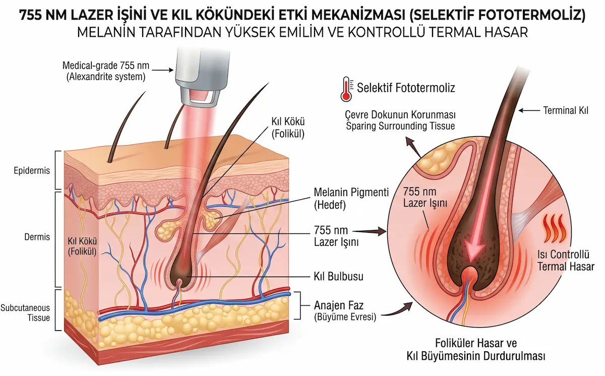 755 nm alexandrite lazer ışınının selektif fototermoliz yoluyla kıl kökünde melanin hedeflemesini ve kontrollü termal hasar oluşturmasını gösteren şema