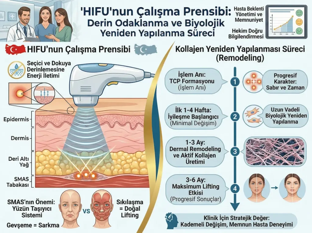 HIFU teknolojisinin çalışma prensibini, SMAS tabakasına derin odaklanmayı ve kollajen yeniden yapılanma sürecini gösteren infografik