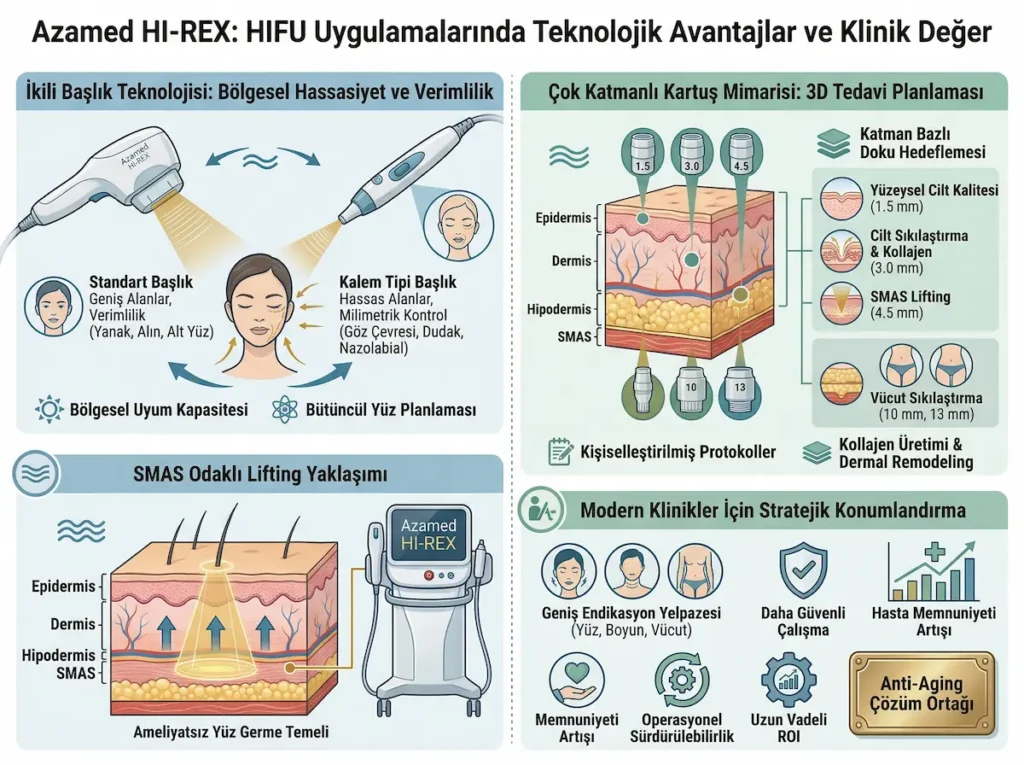 HIFU teknolojisi temelli Azamed HI-REX sisteminin ikili başlık yapısı, çok katmanlı kartuş mimarisi ve SMAS odaklı lifting yaklaşımını gösteren infografik