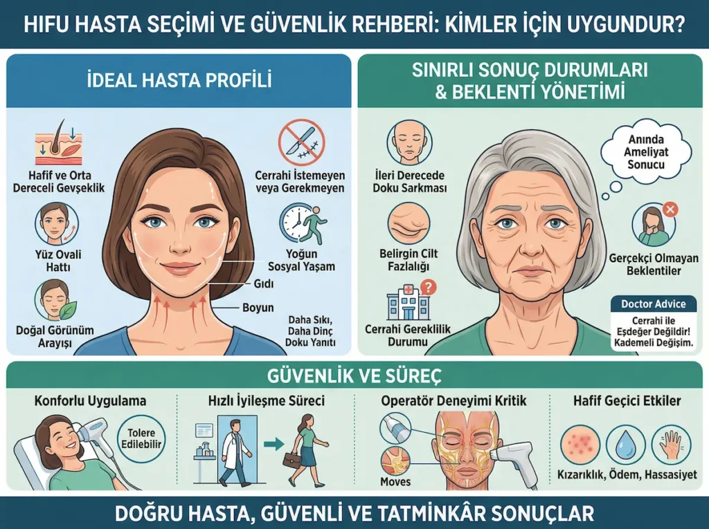 HIFU teknolojisi için ideal hasta profili, sınırlı sonuç durumları ve güvenlik sürecini gösteren hasta seçimi infografiği
