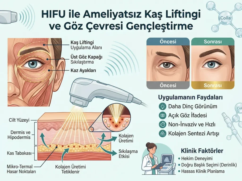 HIFU teknolojisi ile ameliyatsız kaş liftingi, üst göz kapağı sıkılaştırma ve göz çevresi gençleştirmeyi gösteren infografik
