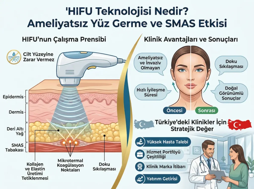 HIFU teknolojisi ile ameliyatsız yüz germe, SMAS tabakası hedefleme ve klinik avantajları anlatan bilgilendirici infografik