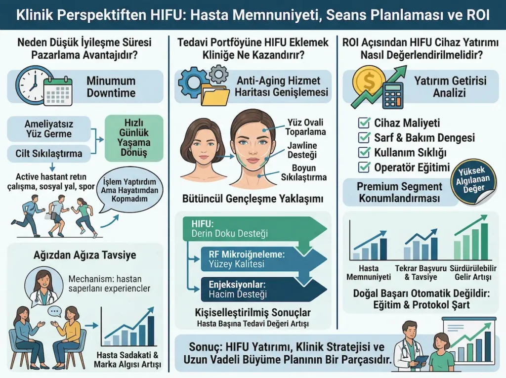 HIFU teknolojisinin hasta memnuniyeti, seans planlaması, minimum downtime ve ROI açısından klinik değerini gösteren infografik