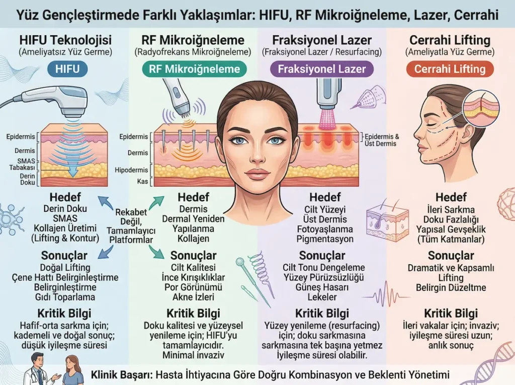 HIFU teknolojisi, RF mikroiğneleme, fraksiyonel lazer ve cerrahi lifting yöntemlerini hedef doku ve sonuçlar açısından karşılaştıran infografik
