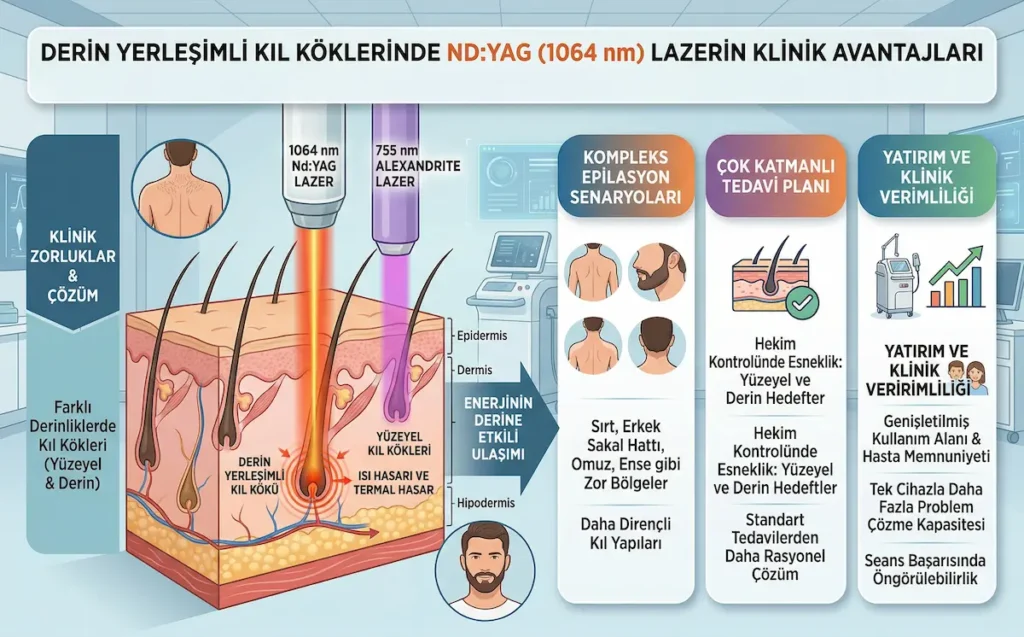 1064 nm Nd:YAG lazerin derin yerleşimli kıl köklerinde klinik avantajlarını, 755 nm Alexandrite ile farkını ve kompleks epilasyon bölgelerindeki kullanımını gösteren medikal estetik infografiği