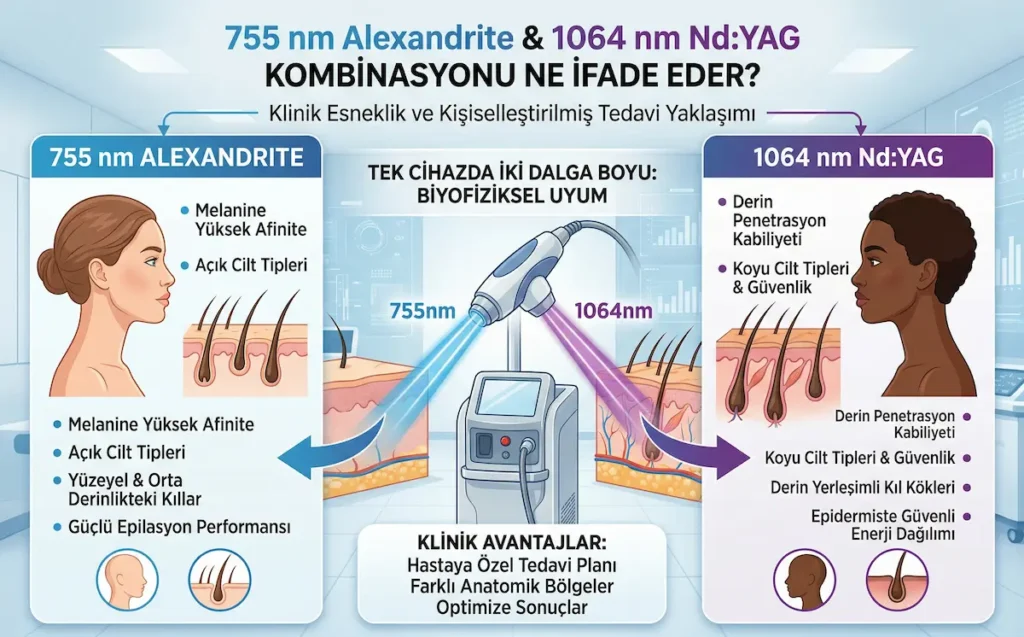 755 nm Alexandrite ve 1064 nm Nd:YAG çift dalga boyu lazer kombinasyonunun açık ve koyu cilt tiplerinde klinik avantajlarını gösteren medikal estetik infografiği