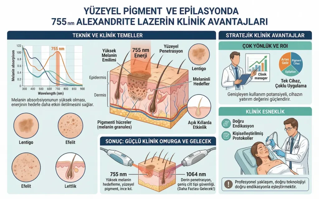 755 nm Alexandrite lazerin yüzeyel pigment ve epilasyonda klinik avantajlarını, melanin emilimini ve açık kıllardaki etkinliğini gösteren medikal estetik infografiği