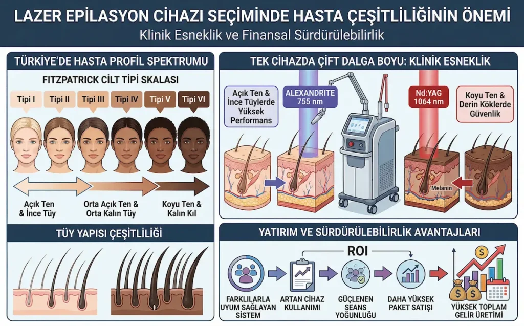 alexandrite lazer cihazı seçiminde hasta çeşitliliğinin önemini, Fitzpatrick cilt tiplerini, tüy yapısı farklarını ve çift dalga boyunun klinik esnekliğini gösteren medikal estetik infografiği