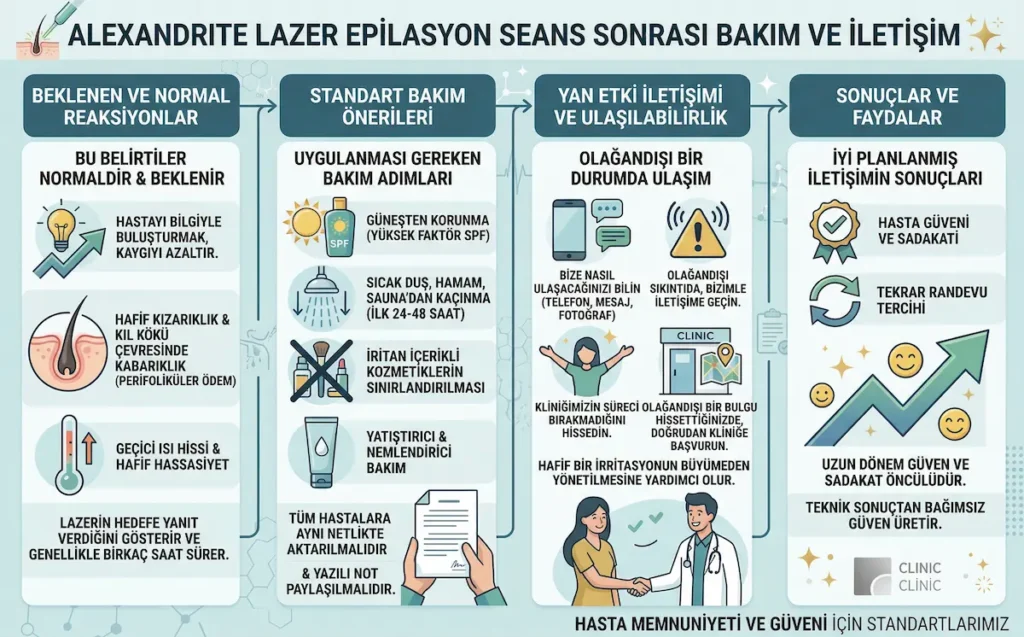 Alexandrite lazer epilasyon sonrası bakım önerileri, normal reaksiyonlar, yan etki iletişimi ve hasta memnuniyetini anlatan infografik
