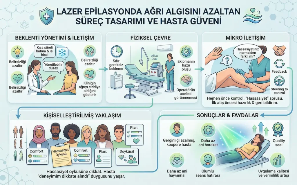 Alexandrite lazer epilasyon sürecinde ağrı algısını azaltan beklenti yönetimi, mikro iletişim, fiziksel çevre ve hasta güvenini gösteren infografik
