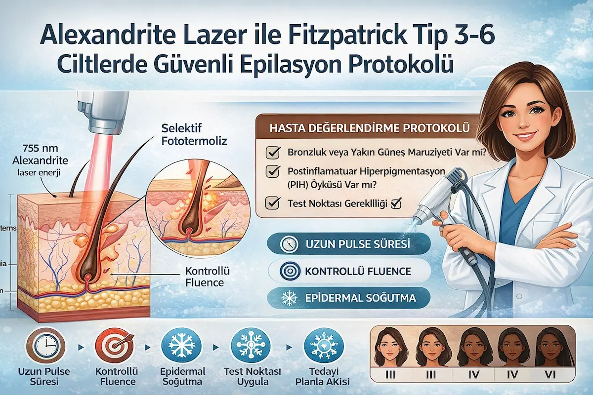 Alexandrite lazer ile Fitzpatrick tip 3-6 ciltlerde güvenli epilasyon protokolünü, hasta değerlendirmesi, selektif fototermoliz, kontrollü fluence ve epidermal soğutma başlıklarıyla gösteren medikal illüstrasyon