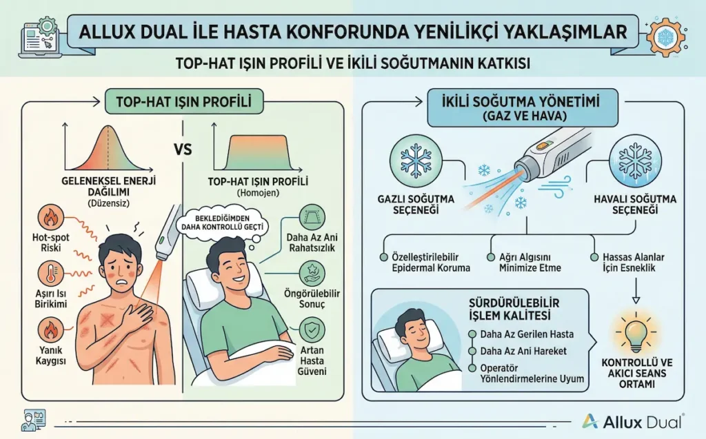 Allux Dual cihazında Top-hat ışın profili ve ikili soğutma yönetiminin hasta konforu, epidermal koruma ve seans kalitesine katkısını gösteren infografik