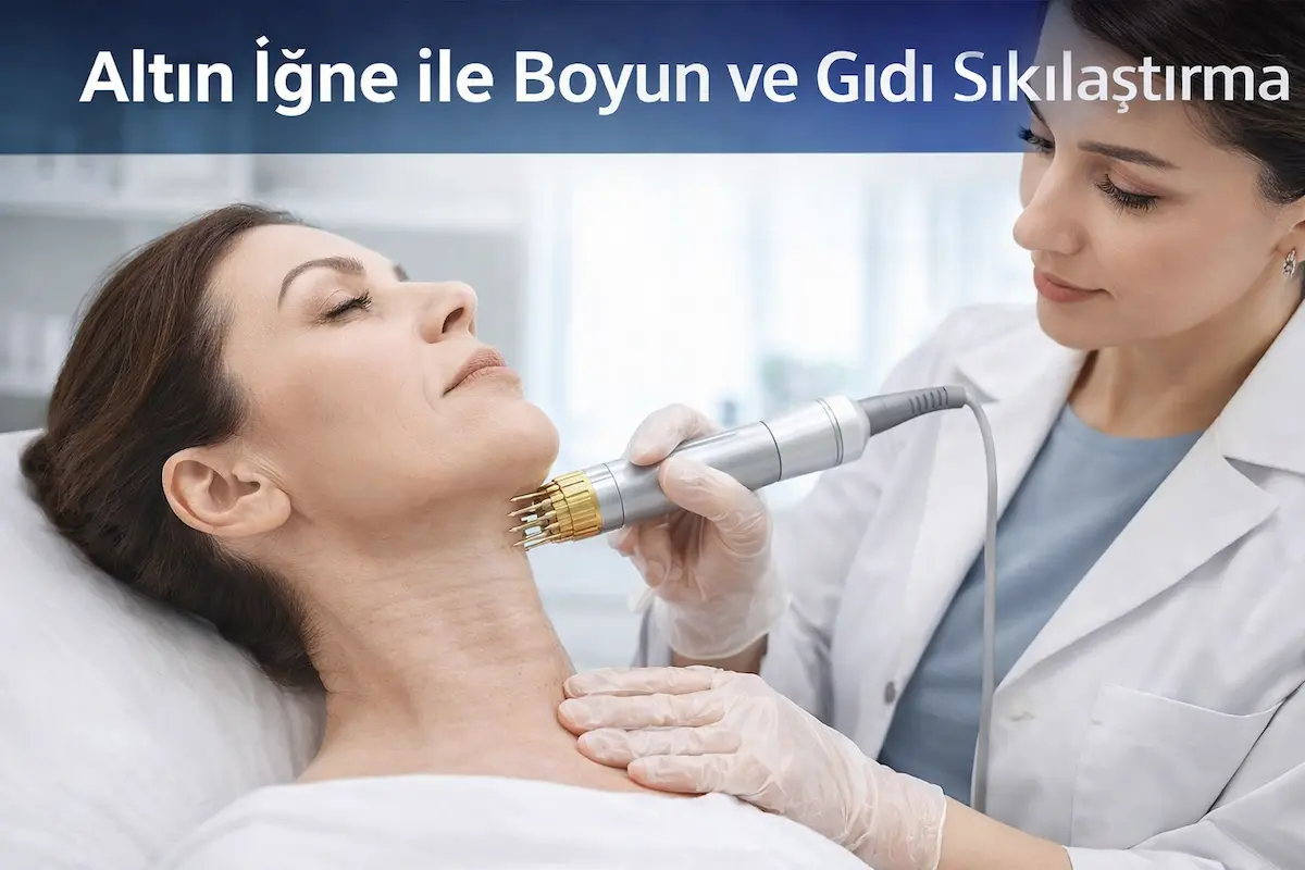 Boyun ve gıdı bölgesine altın iğne uygulaması yapılan hastayı gösteren medikal estetik görsel; ANTIGE ile RF mikroiğneleme tedavisi ve boyun sıkılaştırma sürecini yansıtır.