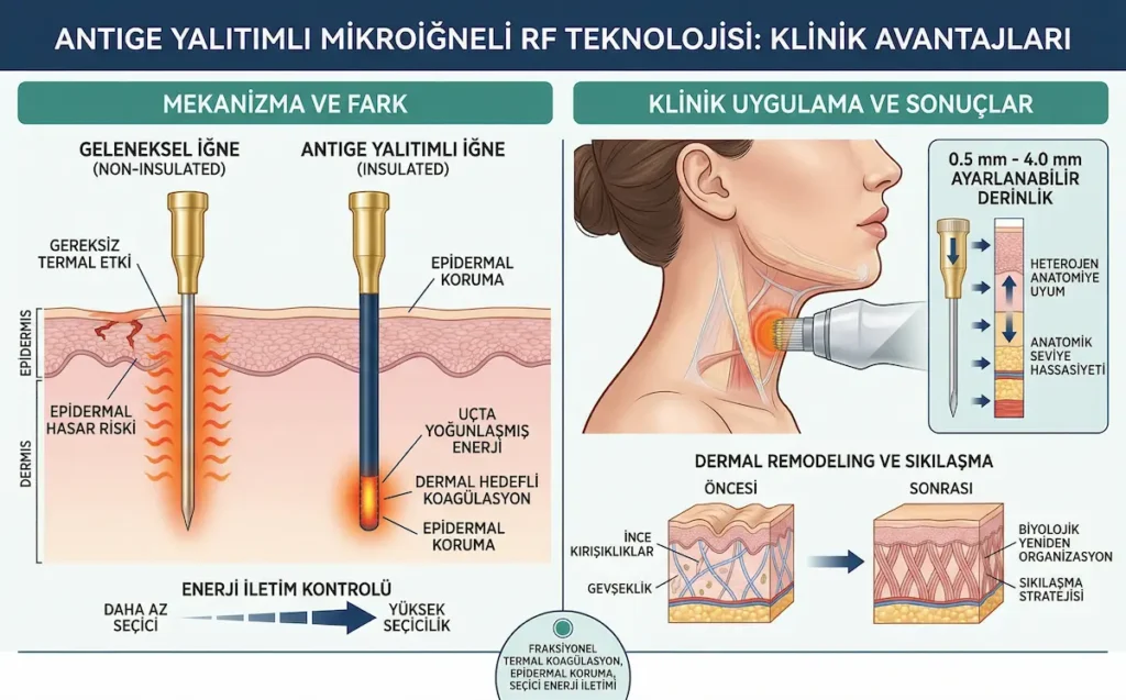 ANTIGE yalıtımlı mikroiğneli RF teknolojisini anlatan medikal görsel; epidermal koruma, dermal hedefli koagülasyon, 0.5 mm-4.0 mm ayarlanabilir derinlik ve boyun sıkılaşma uygulamasını gösterir.