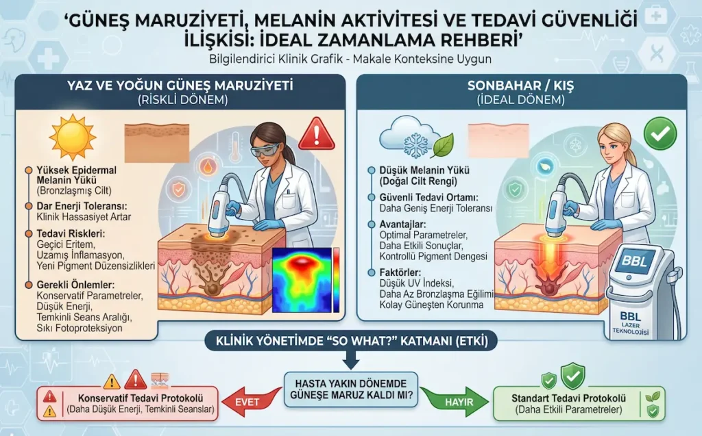 Yaz ve sonbahar-kış dönemlerinde BBL lazer leke tedavisinde güneş maruziyeti, melanin yükü ve tedavi güvenliği karşılaştırması