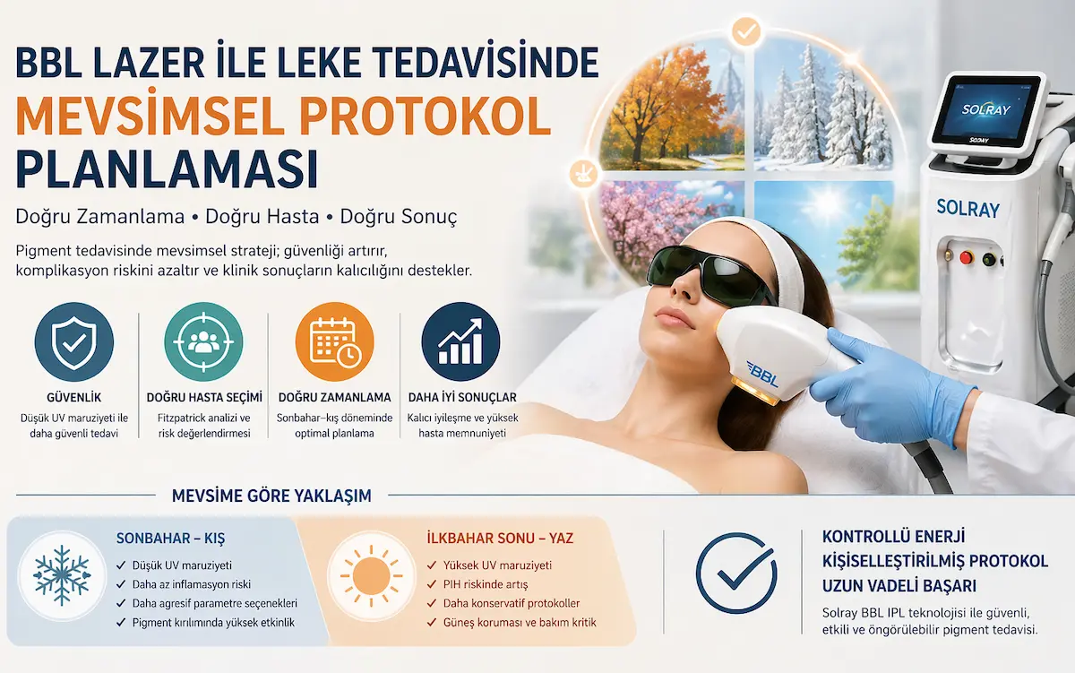 BBL lazer leke tedavisinde mevsimsel protokol planlamasını Solray cihazı ve hasta uygulamasıyla gösteren öne çıkarılan görsel