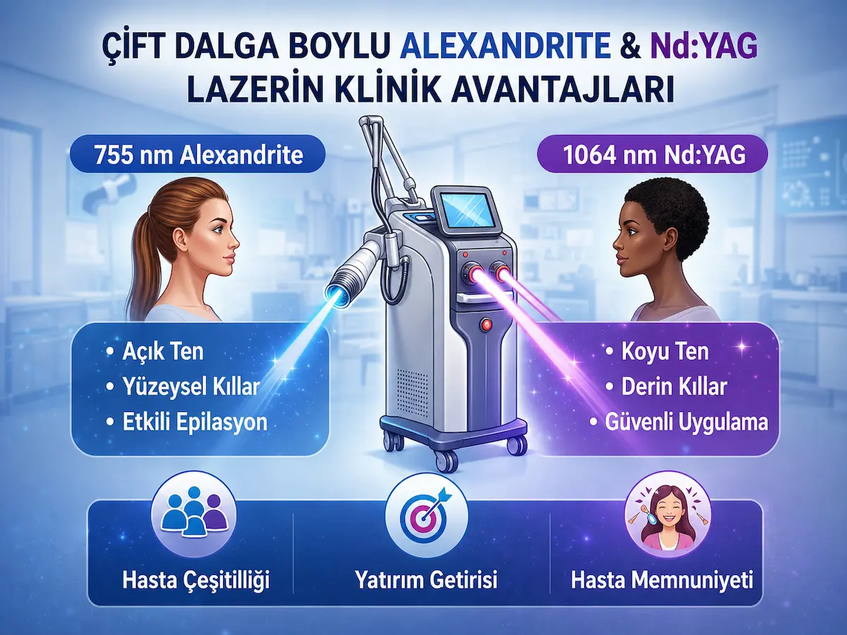 Çift dalga boyu Alexandrite ve Nd:YAG lazerin açık ve koyu cilt tiplerinde klinik avantajlarını, hasta çeşitliliğini, yatırım getirisini ve hasta memnuniyetini gösteren medikal estetik görseli