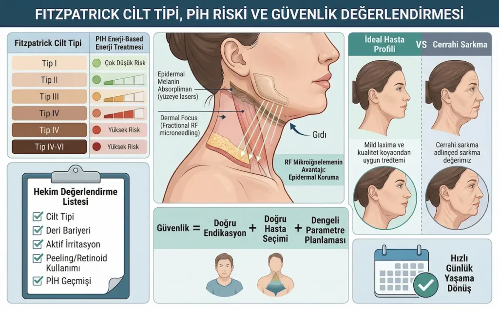 Fitzpatrick cilt tipi, PIH riski ve güvenlik değerlendirmesini gösteren medikal görsel; RF mikroiğnelemede epidermal koruma, ideal hasta profili ve hekim değerlendirme kriterlerini açıklar.
