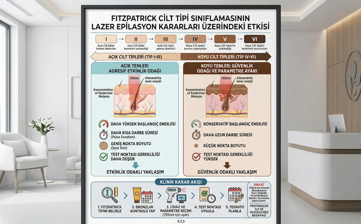 Fitzpatrick cilt tipi sınıflamasının lazer epilasyon kararlarını, açık ve koyu cilt tiplerinde parametre seçimi, test noktası ve güvenlik yaklaşımıyla karşılaştıran klinik poster