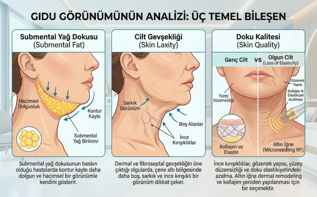 Gıdı görünümünü etkileyen üç temel bileşeni gösteren medikal illüstrasyon: submental yağ dokusu, cilt gevşekliği ve doku kalitesi; altın iğne uygulamasının doku kalitesine etkisi.