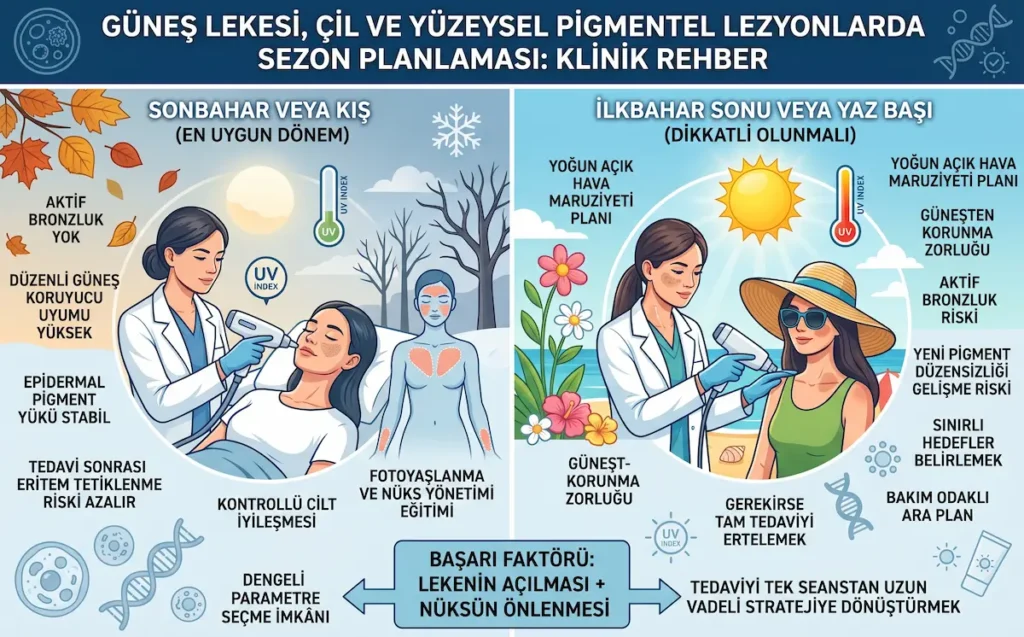 Güneş lekesi, çil ve yüzeysel pigmentli lezyonlarda sonbahar-kış ile ilkbahar-yaz dönemlerine göre tedavi planlamasını karşılaştıran klinik görsel