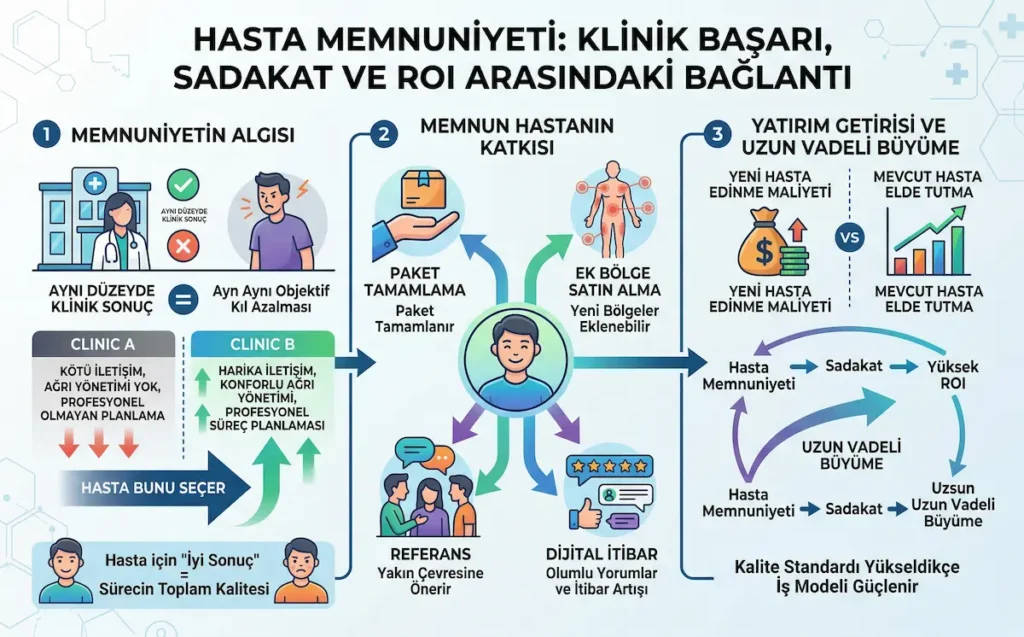 Hasta memnuniyeti ile klinik başarı, hasta sadakati, referans, dijital itibar ve ROI arasındaki ilişkiyi gösteren infografik