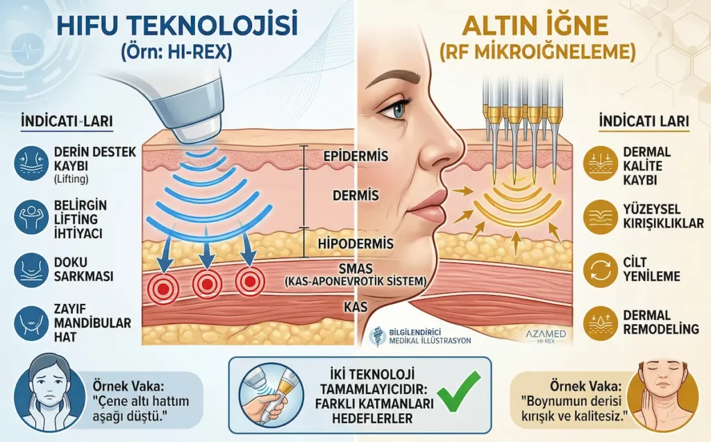 HIFU ve altın iğne teknolojilerini karşılaştıran medikal görsel; HIFU’nun SMAS ve derin dokuları, altın iğnenin ise dermal katmanı hedeflediğini ve boyun-gıdı tedavisindeki farklarını gösterir.