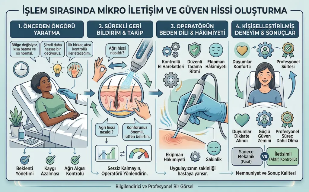 Lazer epilasyon seansında mikro iletişim, geri bildirim, operatör hâkimiyeti ve kişiselleştirilmiş hasta deneyimini anlatan infografik