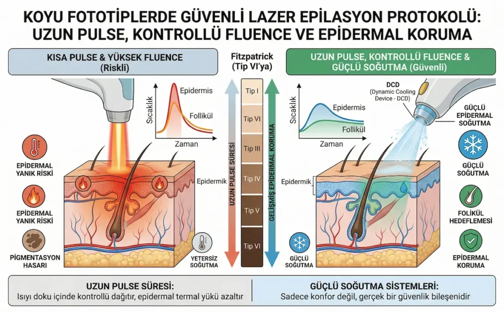 Koyu fototiplerde güvenli lazer epilasyon için kısa pulse yüksek fluence ile uzun pulse kontrollü fluence ve güçlü epidermal soğutmayı karşılaştıran klinik şema