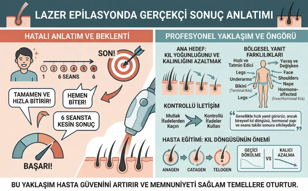 Lazer epilasyonda hatalı beklenti yönetimi ile profesyonel ve gerçekçi sonuç anlatımını karşılaştıran bilgilendirici infografik