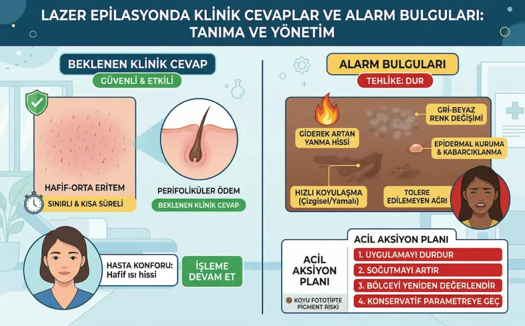 Lazer epilasyonda beklenen klinik cevaplar ile alarm bulgularını, hafif eritem, perifoliküler ödem, yanma hissi ve acil aksiyon planı üzerinden gösteren klinik şema