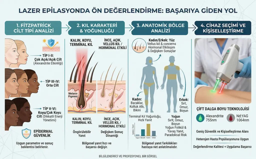 Lazer epilasyonda ön değerlendirme aşamalarını gösteren infografik: Fitzpatrick cilt tipi analizi, kıl karakteri ve yoğunluğu, anatomik bölge analizi, cihaz seçimi ve kişiselleştirme