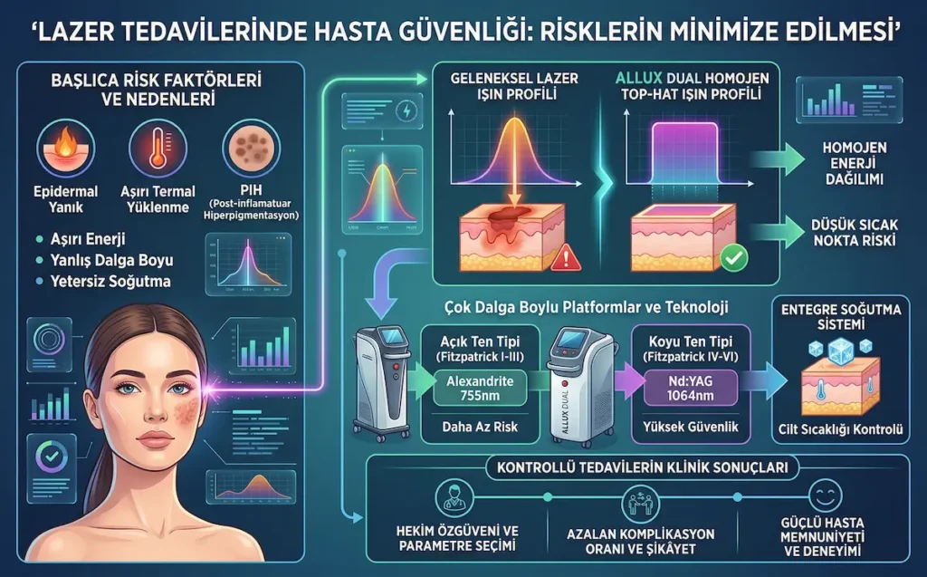 Lazer tedavilerinde hasta güvenliği, epidermal yanık, aşırı termal yüklenme ve PIH risklerinin homojen enerji dağılımı, top-hat ışın profili ve entegre soğutma sistemi ile nasıl minimize edildiğini gösteren medikal estetik infografiği