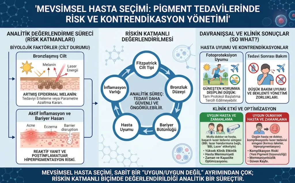 Pigment tedavilerinde mevsimsel hasta seçimi, Fitzpatrick cilt tipi, bronzluk, bariyer bütünlüğü ve kontrendikasyon yönetimini anlatan klinik görsel