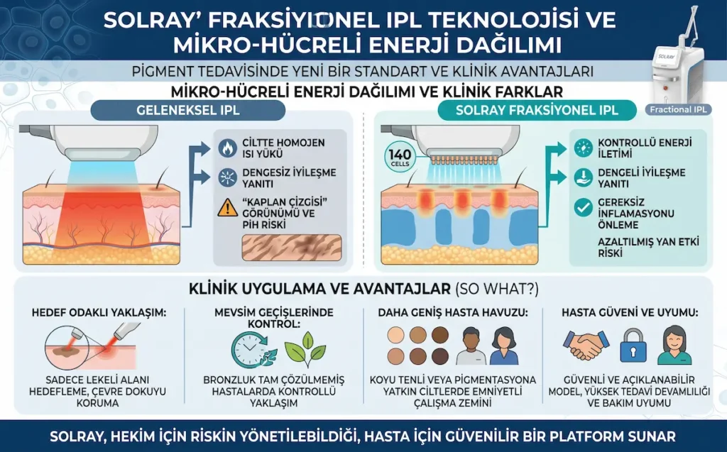 Solray fraksiyonel IPL teknolojisinde mikro hücreli enerji dağılımı ile geleneksel IPL arasındaki klinik farkları gösteren bilgilendirici görsel