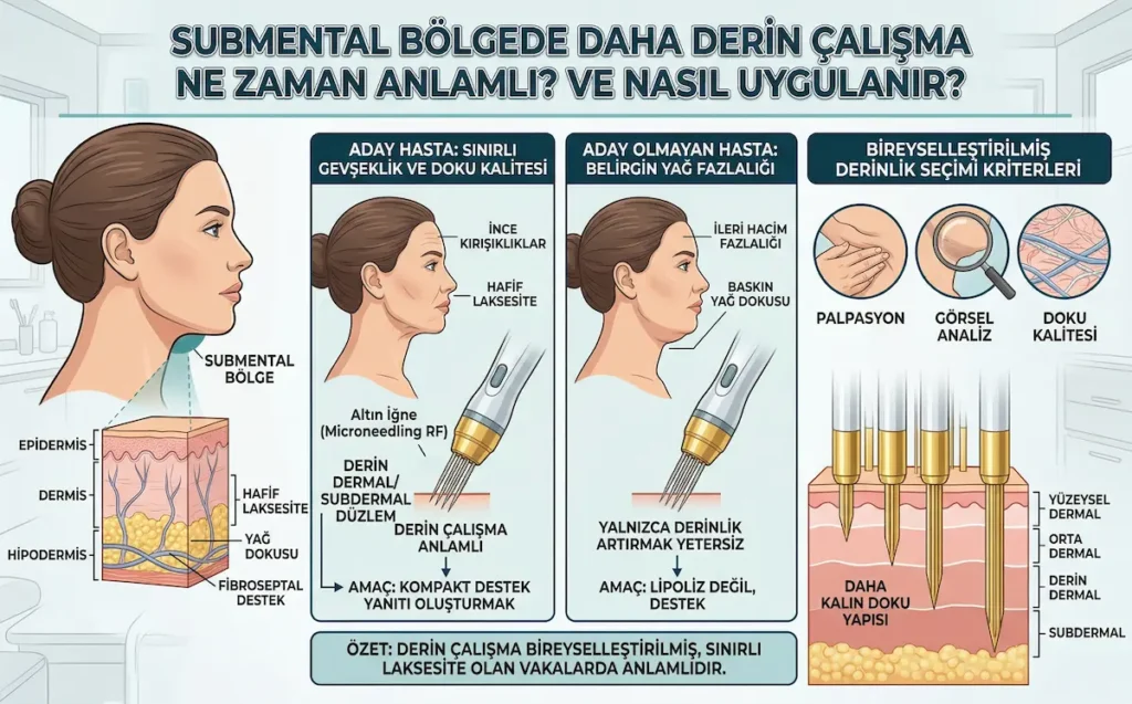 Submental bölgede altın iğne uygulamasında daha derin çalışmanın ne zaman anlamlı olduğunu gösteren medikal görsel; hasta seçimi, yağ fazlalığı, hafif laksisite ve derinlik kriterlerini açıklar.