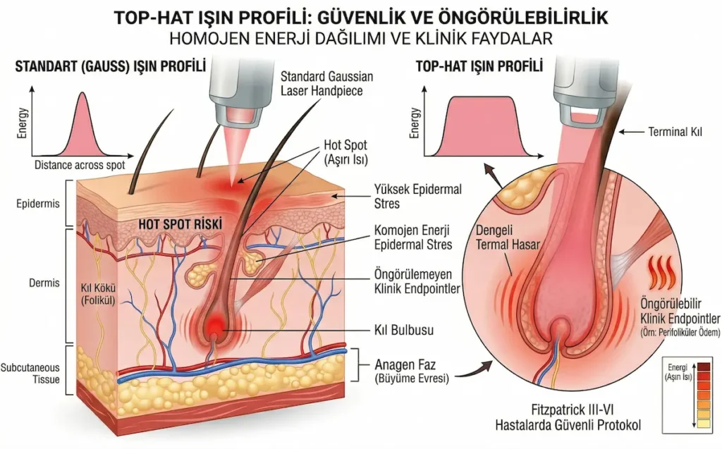 Top-hat ışın profili ile standart Gauss ışın profilinin karşılaştırmasını, alexandrite lazerde homojen enerji dağılımını ve Fitzpatrick III-VI hastalarda güvenli epilasyon avantajını gösteren