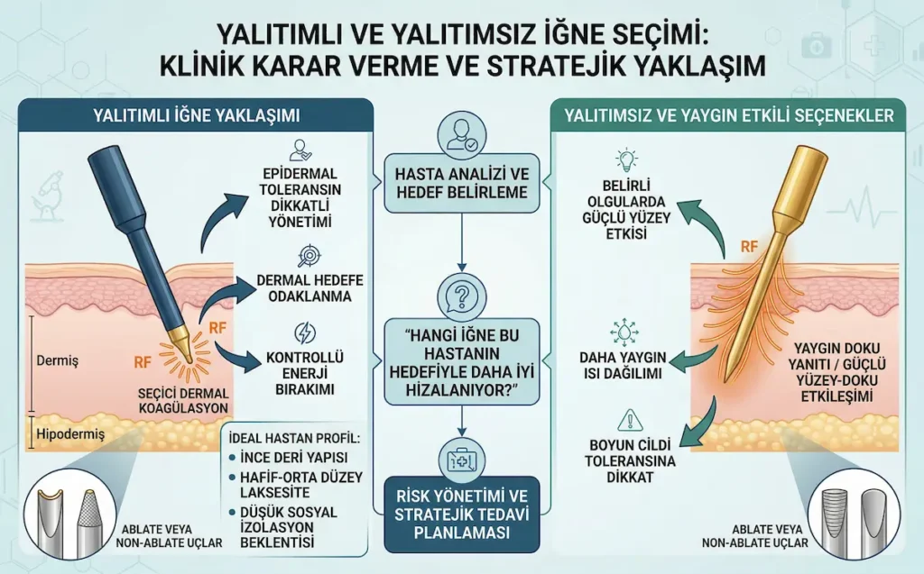 Yalıtımlı ve yalıtımsız iğne seçimini karşılaştıran medikal görsel; dermal hedefe odaklanma, kontrollü enerji bırakımı, yaygın ısı dağılımı ve klinik karar verme sürecini açıklar.