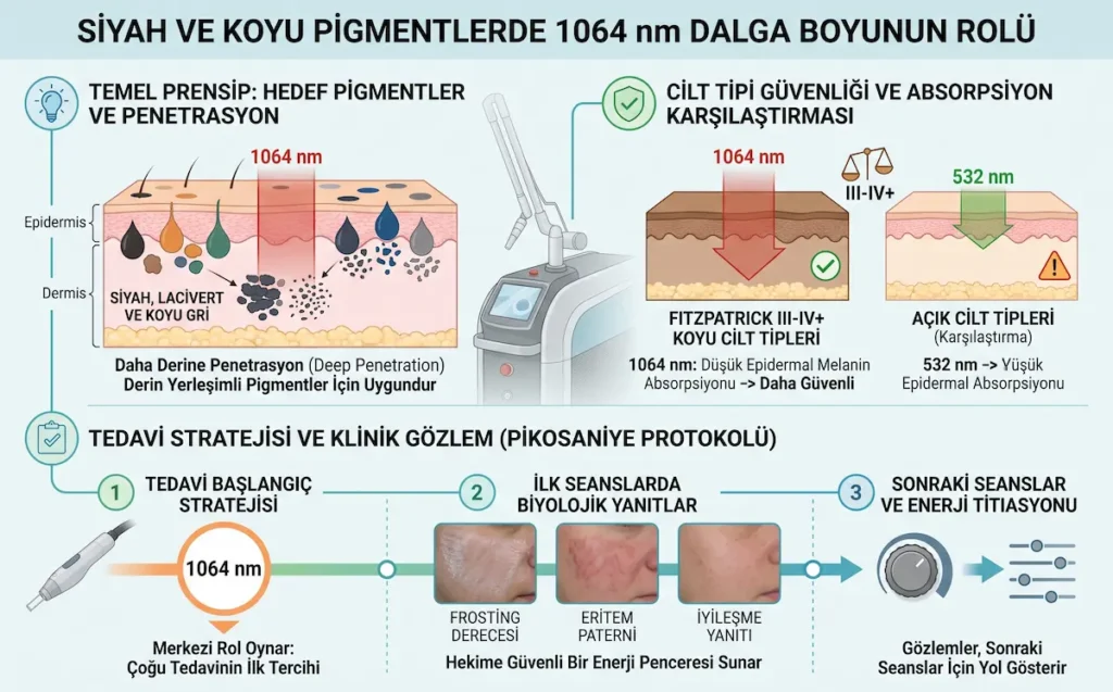 1064 nm pikosaniye lazer dövme silme işleminde siyah ve koyu pigmentlerin hedeflenmesini gösteren klinik infografik
