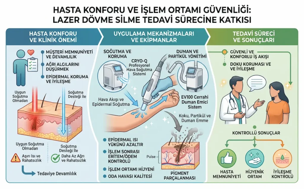 Pikosaniye lazer dövme silme işleminde hasta konforu, soğutma, duman yönetimi ve işlem ortamı güvenliğini gösteren infografik