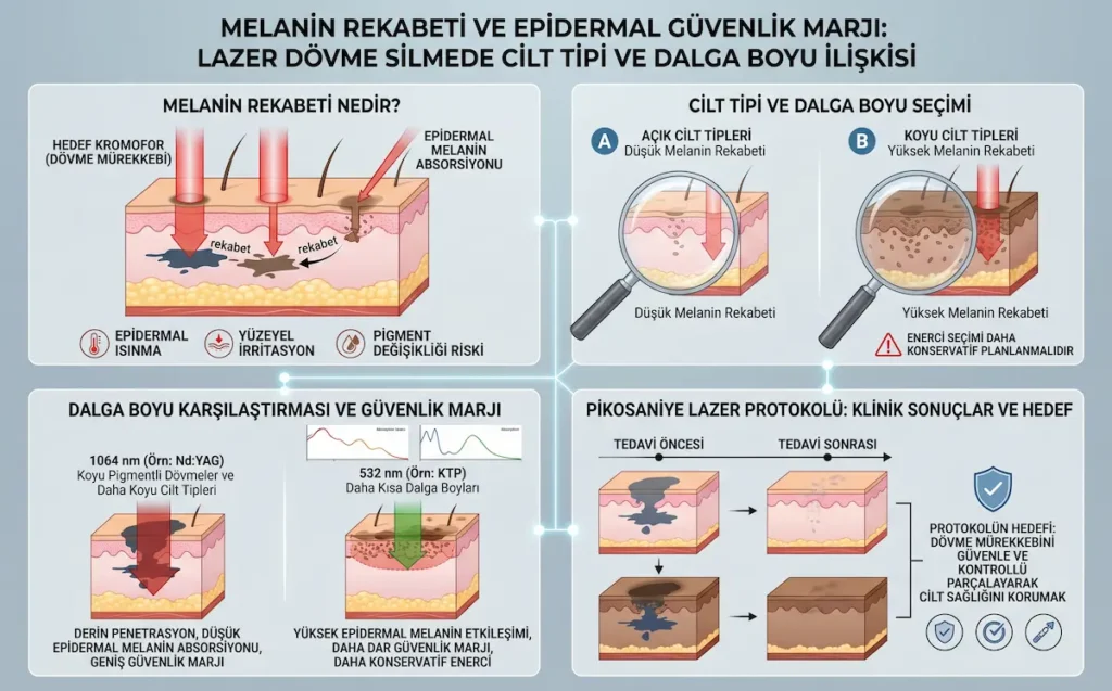 Pikosaniye lazer dövme silme işleminde melanin rekabeti, cilt tipi ve dalga boyu seçimini gösteren klinik infografik
