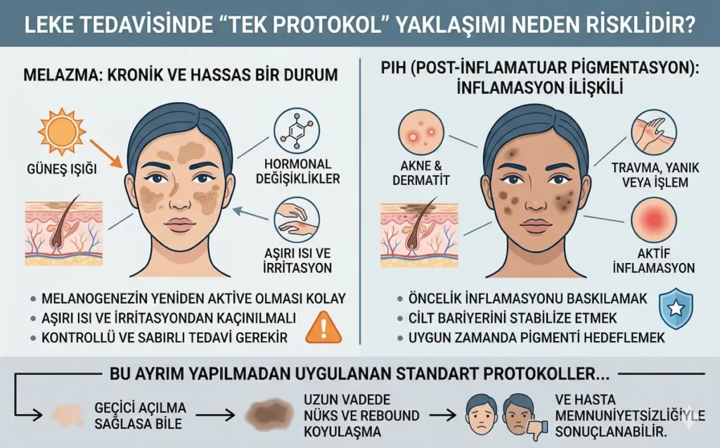 Melazma ve PIH ayrımını gösteren pikosaniye lazer leke tedavisi infografiği