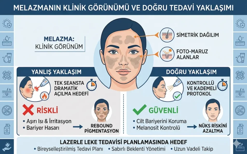 Melazmanın klinik görünümü ve pikosaniye lazer leke tedavisi için doğru protokol yaklaşımını gösteren infografik