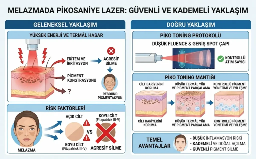 Melazmada pikosaniye lazer leke tedavisinde düşük fluence ve kademeli piko toning protokolünü gösteren infografik
