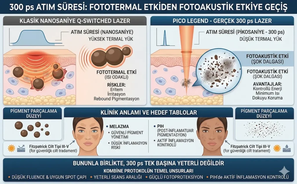 Pico Legend 300 ps pikosaniye lazerin fotoakustik etki ile leke tedavisindeki avantajını gösteren infografik