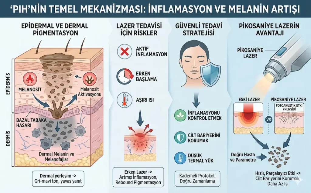 PIH mekanizması, epidermal ve dermal pigmentasyon ile pikosaniye lazer leke tedavisi avantajını gösteren infografik