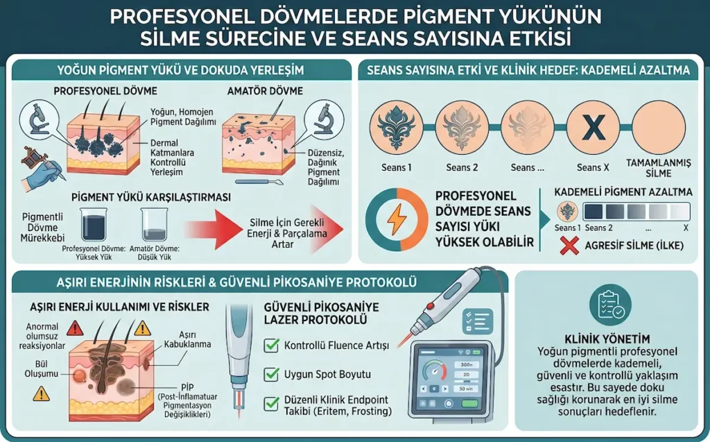 Profesyonel dövmelerde pigment yükünün pikosaniye lazer dövme silme seans sayısına etkisini gösteren klinik infografik