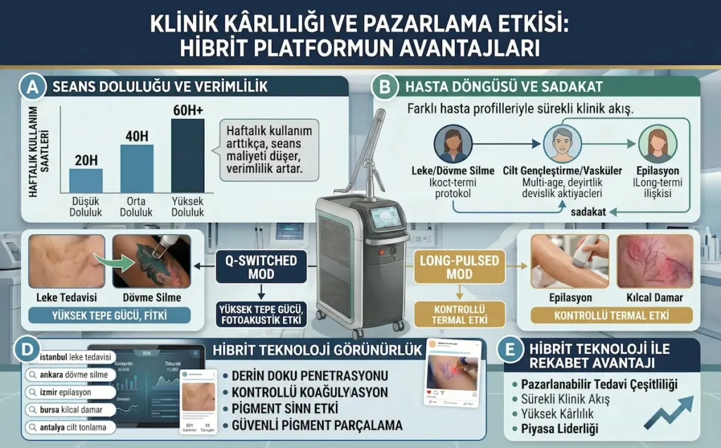 Q-Master Plus q switch nd yag lazer cihazı ile hibrit platformun seans doluluğu, hasta döngüsü, pazarlama ve klinik kârlılık avantajları.