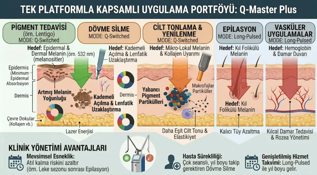 Q-Master Plus q switch nd yag lazer platformunun pigment tedavisi, dövme silme, cilt tonlama, epilasyon ve vasküler uygulamalardaki kullanım alanları
