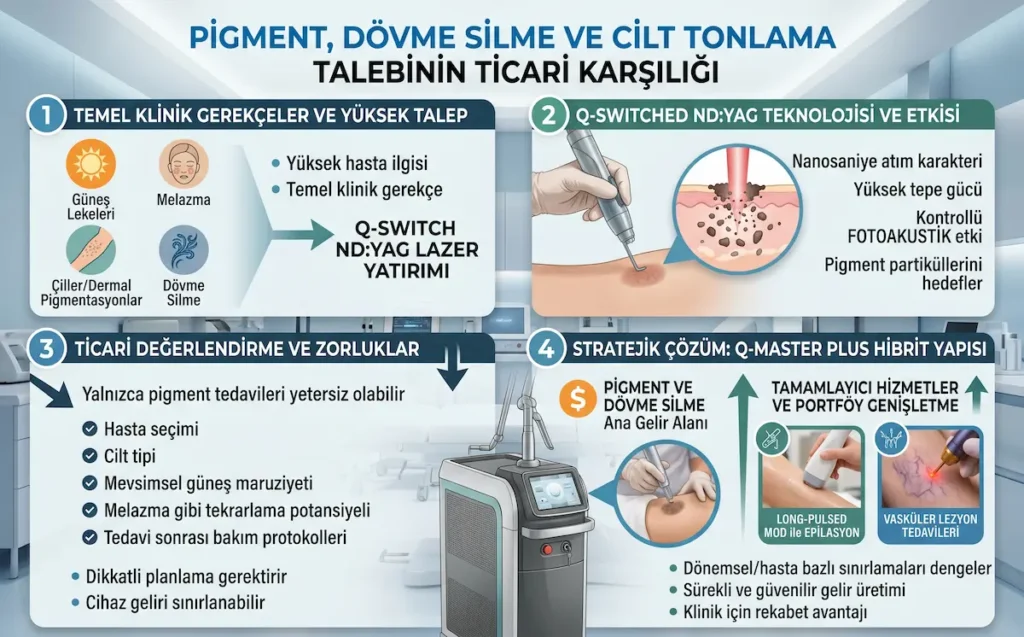 Q-Master Plus hibrit q switch nd yag lazer cihazı ile pigment, dövme silme, cilt tonlama, epilasyon ve vasküler tedavi infografiği.